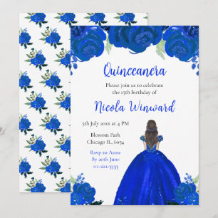Brown Hair Princess Blue Floral Quinceanera Einladung