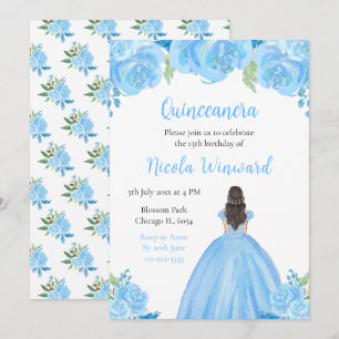 Brown Hair Princess Blue Floral Quinceanera Einladung