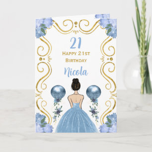 Brown Hair Princess Blue Happy Birthday Karte