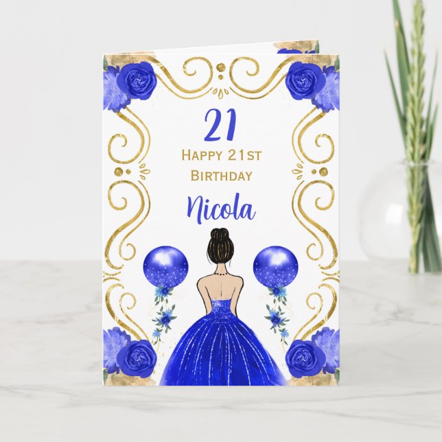 Brown Hair Princess Blue Happy Birthday Karte (Vorderseite)