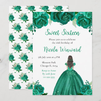 Brown Hair Princess Green Floral 16 . Geburtstag Einladung