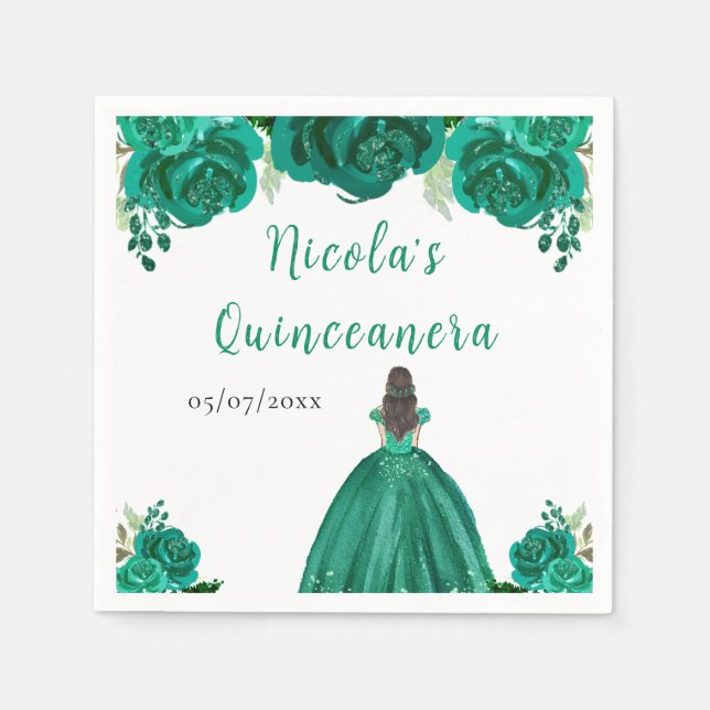 Brown Hair Princess Green Floral Quinceanera Serviette (Vorderseite)