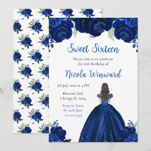 Brown Hair Princess Navy Floral 16 . Geburtstag Einladung