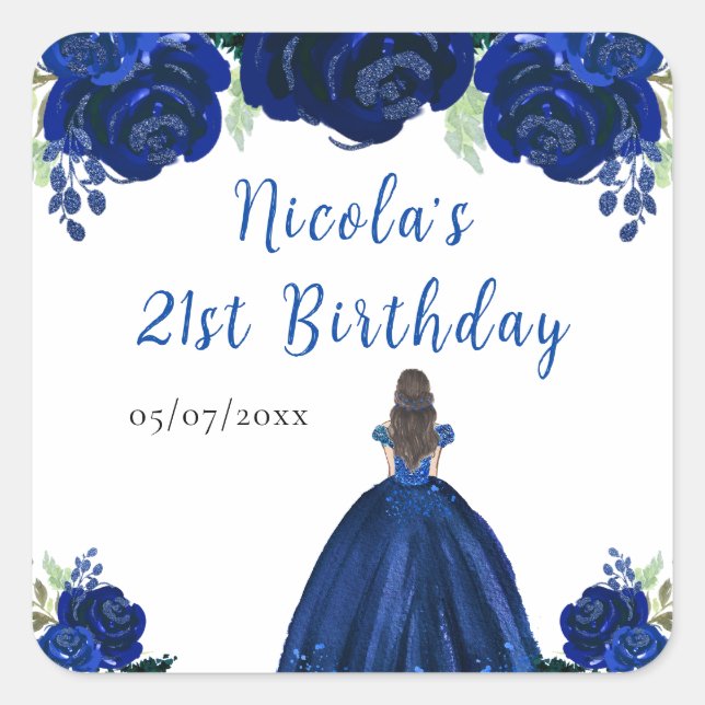 Brown Hair Princess Navy Floral Birthday Party Quadratischer Aufkleber (Vorderseite)