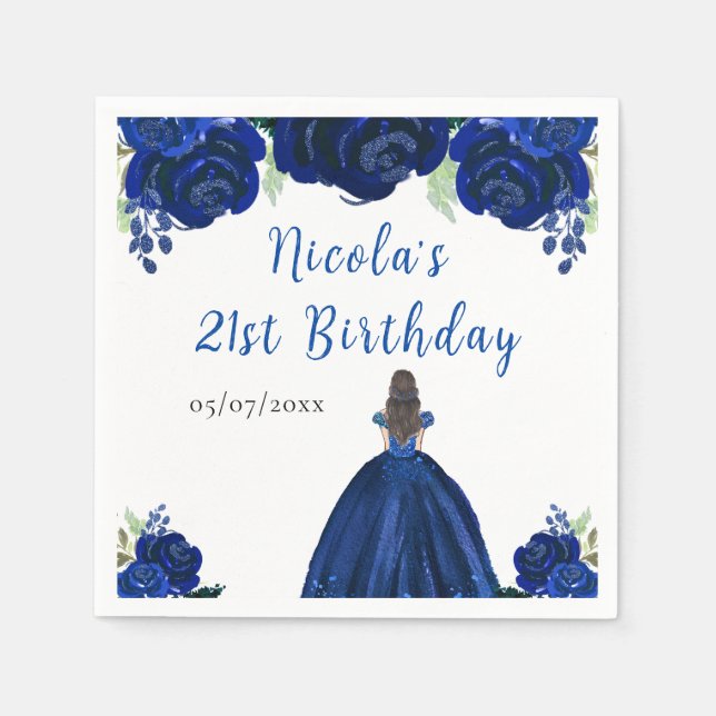Brown Hair Princess Navy Floral Birthday Party Serviette (Vorderseite)