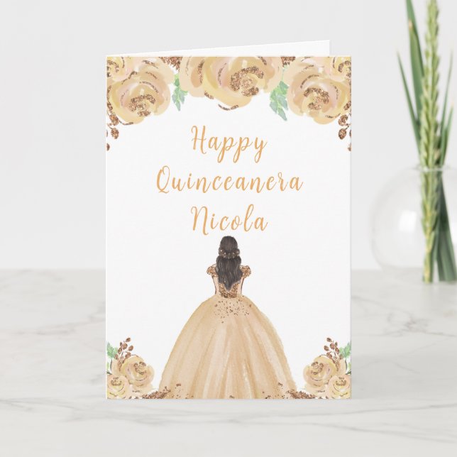 Brown Hair Princess Peach Floral Quinceanera Karte (Vorderseite)