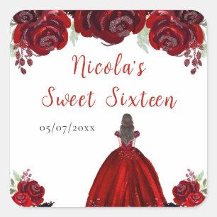 Brown Hair Princess Red Floral 16 . Geburtstag Quadratischer Aufkleber