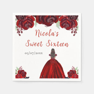 Brown Hair Princess Red Floral 16 . Geburtstag Serviette