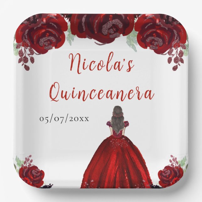 Brown Hair Princess Red Floral Quinceanera Pappteller (Vorderseite)