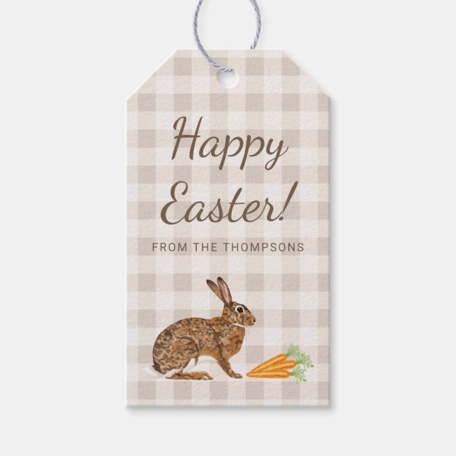 Brown Hare Rabbit And Carrots Happy Easter Beige Geschenkanhänger (Vorderseite)