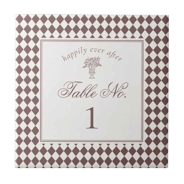 Brown Harlequin Checkered Wedding Table Number Fliese (Vorderseite)