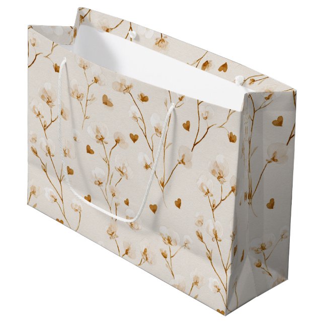Brown Hearts Blush Floral Bridal Shower Große Geschenktüte (Vorderseite Schrägansicht)