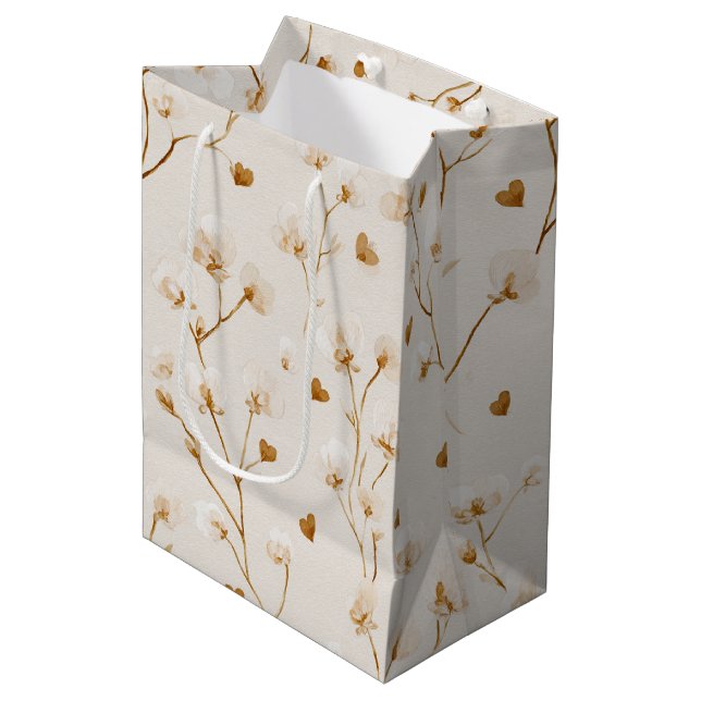 Brown Hearts Blush Floral Bridal Shower Mittlere Geschenktüte (Vorderseite Schrägansicht)