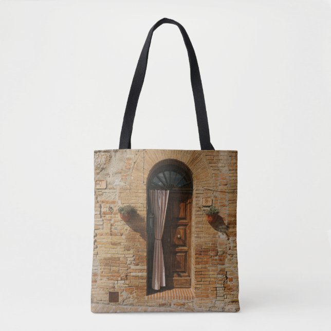 BROWN HOLZTÜR AUF BROWN BRICK WALL TASCHE (Vorderseite)
