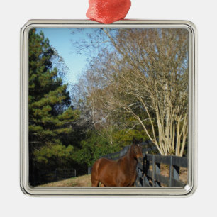 Brown Horse against a Fence Ornament Aus Metall