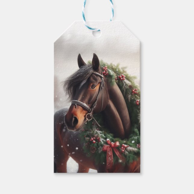Brown Horse Christmas Kranz Schneeweide Geschenkanhänger (Vorderseite)