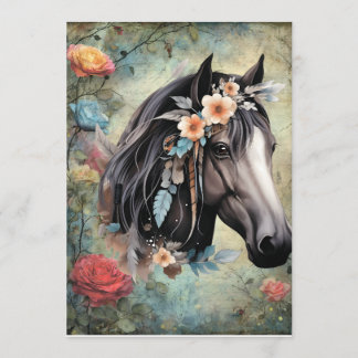 Brown horse in flowers. Menükarte