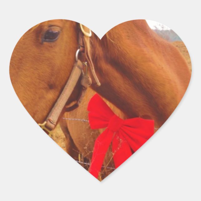 Brown Horse Red Bow Herz-Aufkleber (Vorderseite)