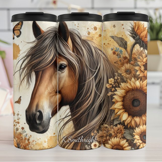 Brown Horse Sunflower Butterfly Serenity Thermosbecher (Von Creator hochgeladen)