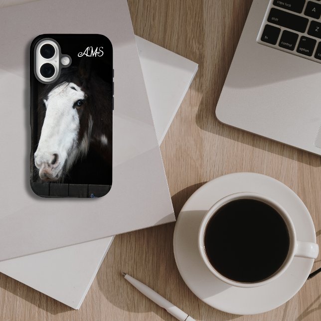 Brown Horse w Blue Eyes Monogram iPhone 16 Hülle (Beautiful horse photo phone case )