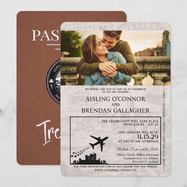 Brown Ireland Passport Wedding Einladung (Vorne/Hinten)