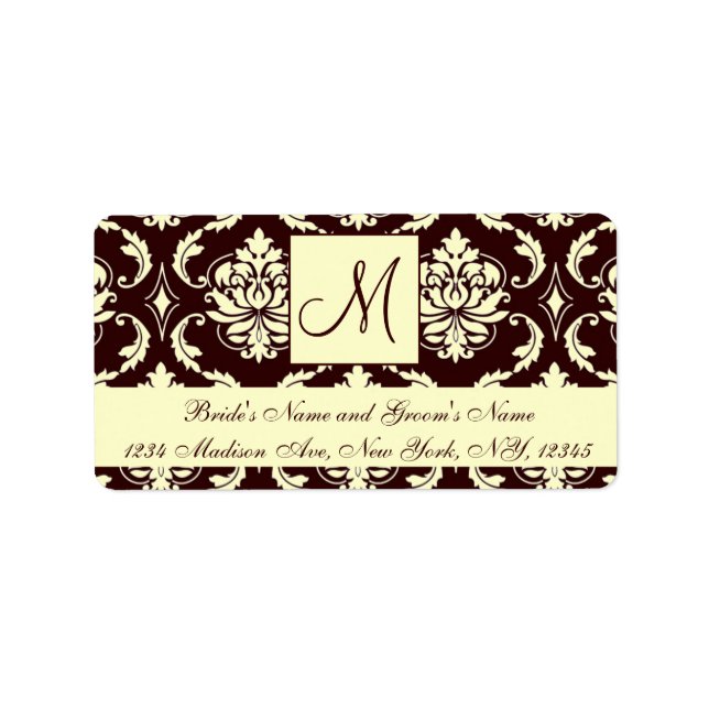 Brown Ivory Damask Monogram Wedding Address Labels Adressaufkleber (Vorne)