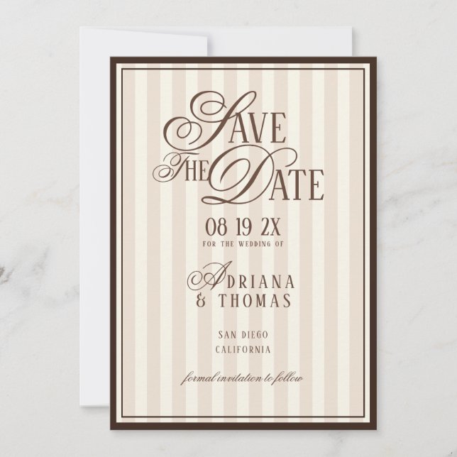 Brown Ivory Striped Old Money Calligraphy Wedding Save The Date (Vorderseite)