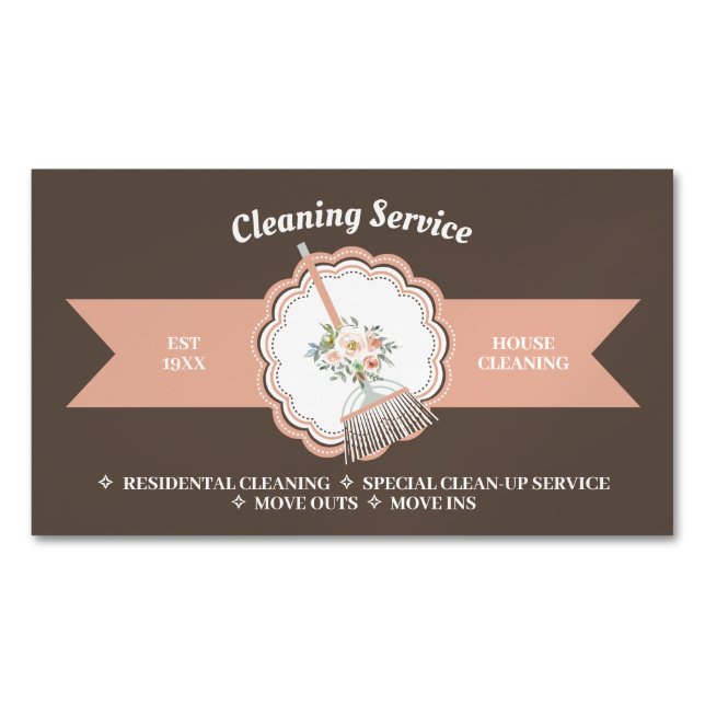Brown Janitorial Calligraphy Housekeeping Cleaning Magnetische Visitenkarte (Vorderseite)