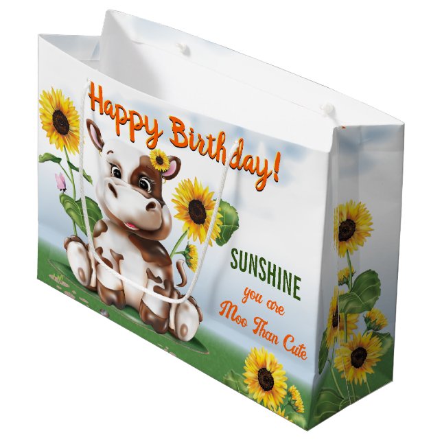 Brown Jersey Cow Girl Sunflower Kindergeburtstag Große Geschenktüte (Vorderseite Schrägansicht)