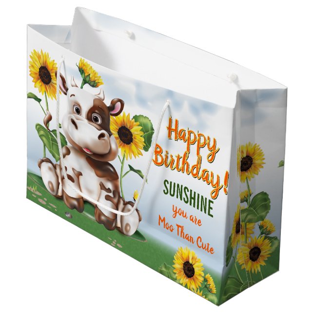 Brown Jersey Cow Sunflower Kindergeburtstag Große Geschenktüte (Vorderseite Schrägansicht)