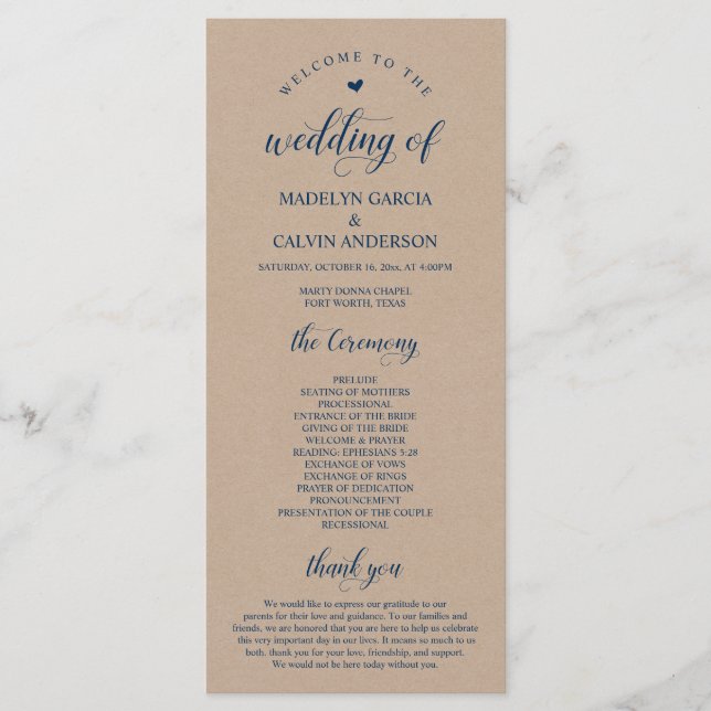 Brown Kraft, Classy Navy Blue, Hochzeitsfeier Programm (Vorderseite)