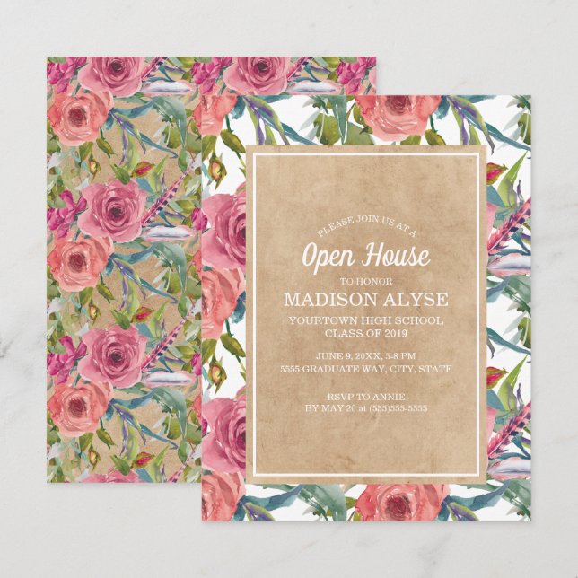 Brown Kraft Pink Boho Floral Abschluss Open House Einladung (Vorne/Hinten)