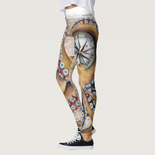 Brown-Kraken-Vintager Karten-Kompass Leggings