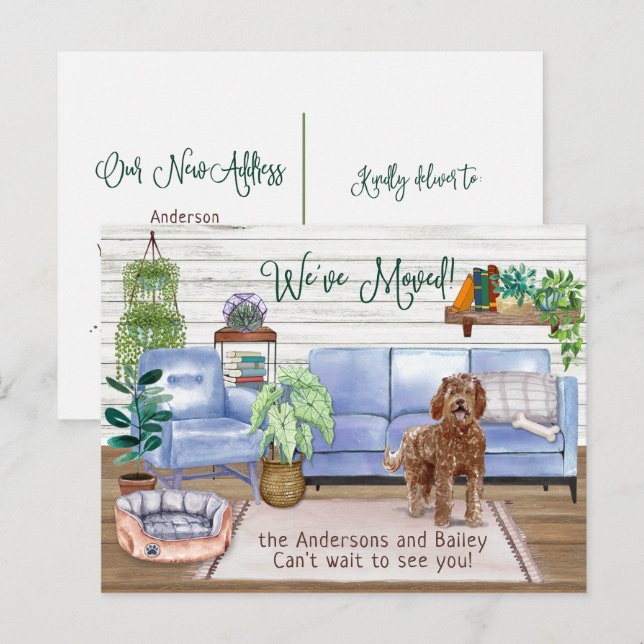 Brown Labradoodle Cosy New Zuhause Moving    Ankündigungspostkarte (Vorne/Hinten)