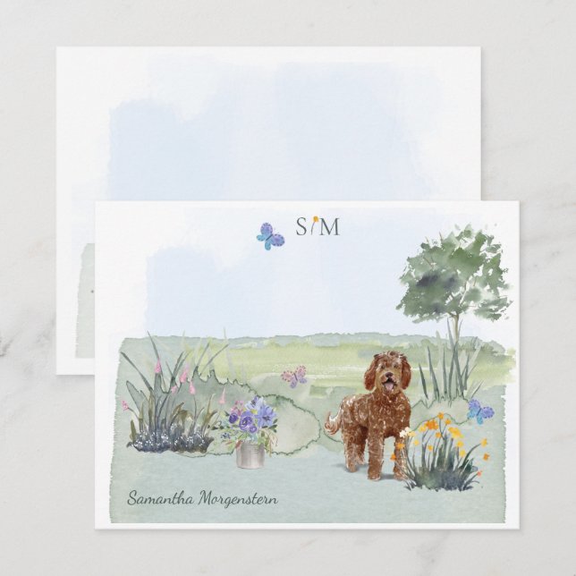 Brown Labradoodle Dog Butterfly Monogramm und Name Mitteilungskarte (Vorne/Hinten)