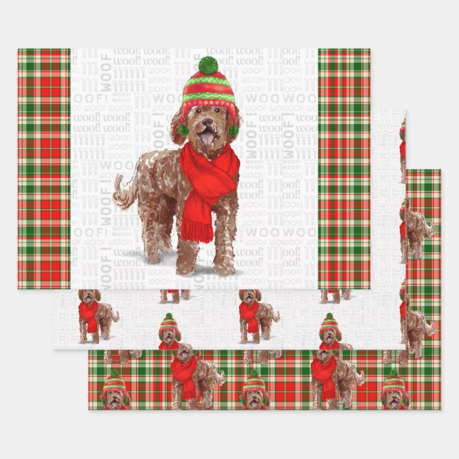 Brown Labradoodle Weihnachtshund und Feiertag Kari Geschenkpapier Set (Set)