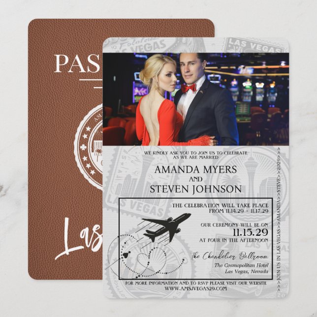 Brown Las Vegas Passport Wedding Einladung (Vorne/Hinten)