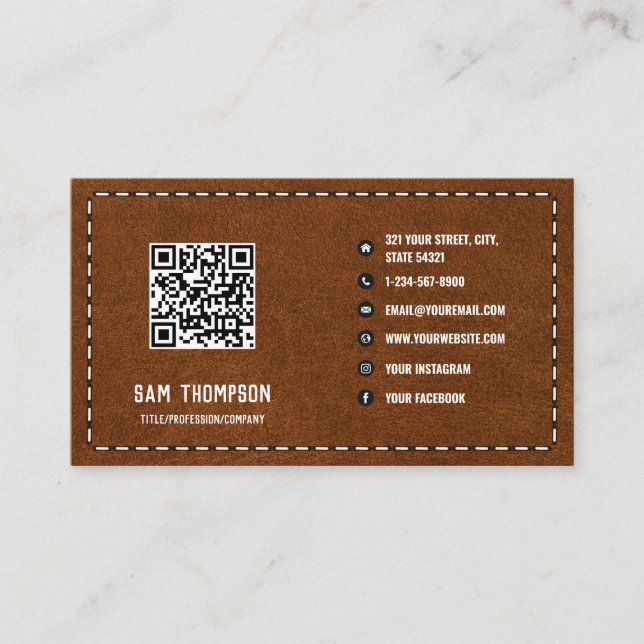 Brown Leather Business QR Code Social Media Visitenkarte (Vorderseite)