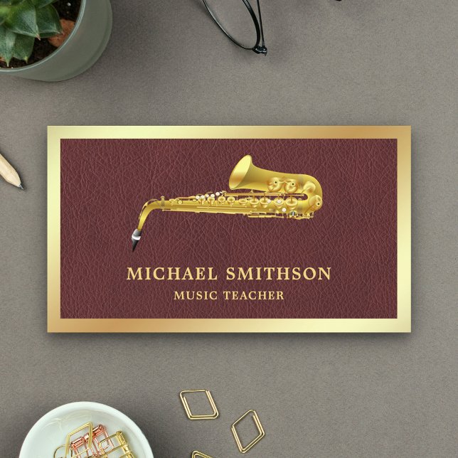 Brown Leather Gold Foil Saxophone Music Teacher Visitenkarte (Von Creator hochgeladen)