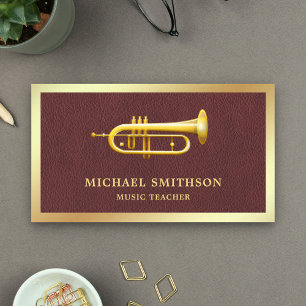 Brown Leather Gold Foil Trumpet Music Teacher Visitenkarte