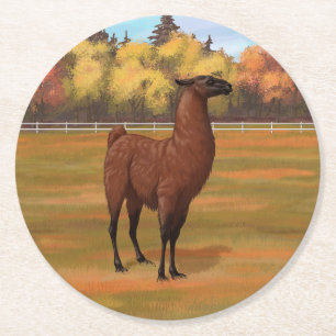 Brown Llama im Herbstweide Runder Pappuntersetzer