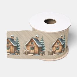 Brown Log House Christmas Scene Ripsband