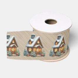Brown Log House Christmas Scene Ripsband