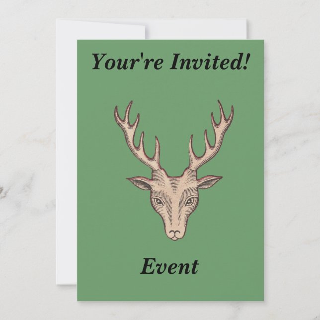 Brown Male Deer Head Big Antler Green Einladung (Vorderseite)