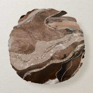 Brown Marble Agate Gold Glitzer Glam #1  Rundes Kissen