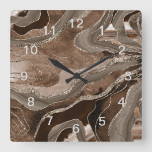 Brown Marble Agate Gold Glitzer Glam #2 Quadratische Wanduhr