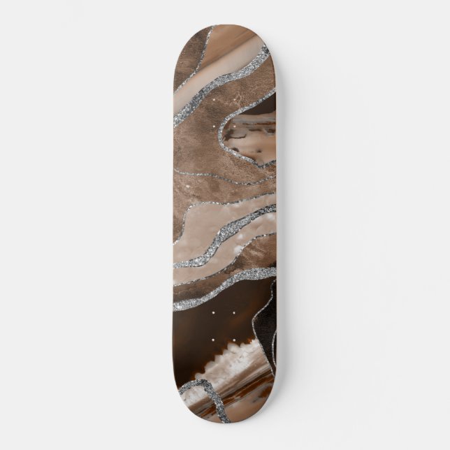 Brown Marble Agate Silver Glitzer Glam #1 Skateboard (Vorderseite)