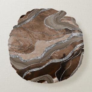 Brown Marble Agate Silver Glitzer Glam #2 Rundes Kissen