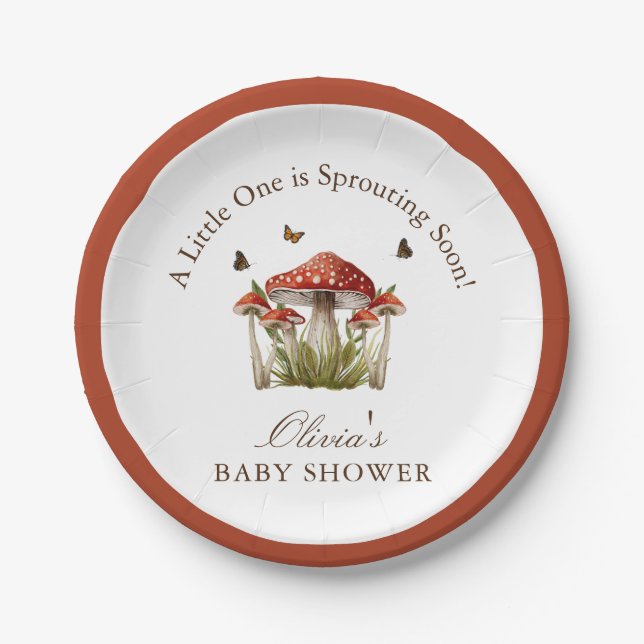 Brown Maroon Mushroom Butterfly Thema Kinderdusche Pappteller (Vorderseite)