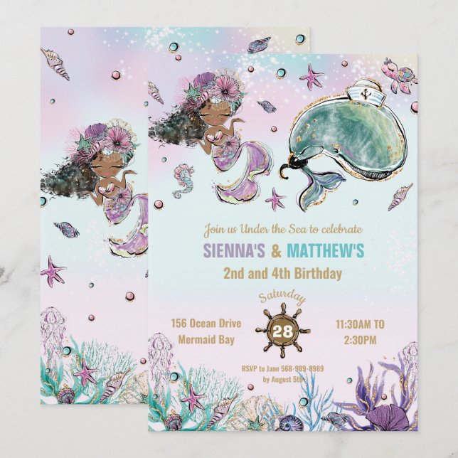 Brown Mermaid Whale Pirate Twins Joint Birthday Einladung (Vorne/Hinten)